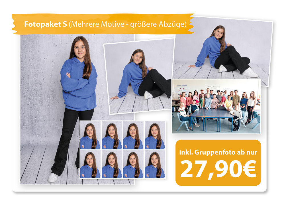Unser Fotopaket S mit großen Abzügen für die Schulfotografie inklusive Gruppenfoto