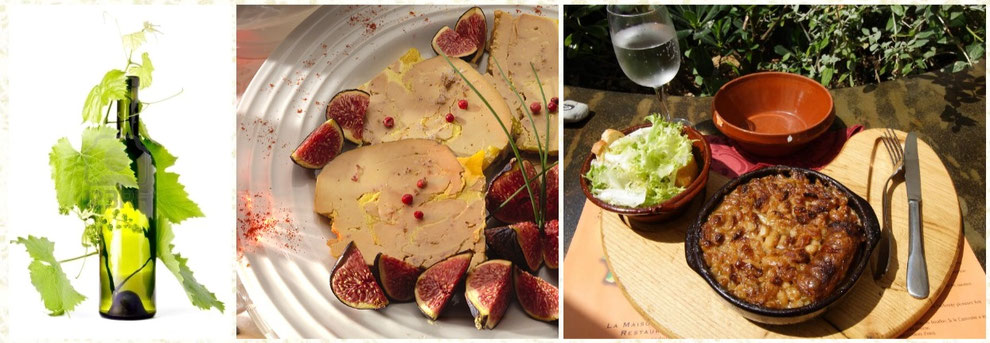 3 images : bouteille de vin avec des feuilles de vigne, foie gras et figues fraiches, cassoulet typique du Lauragais