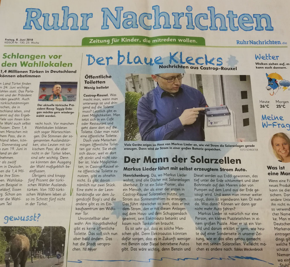 Ruhr Nachrichten Zeitungsartikel vom 08. Juni 2018 Der blaue Klecks: Der Mann der Solarzellen, Markus Lieder fährt mit selbst erzeugtem Strom Auto.