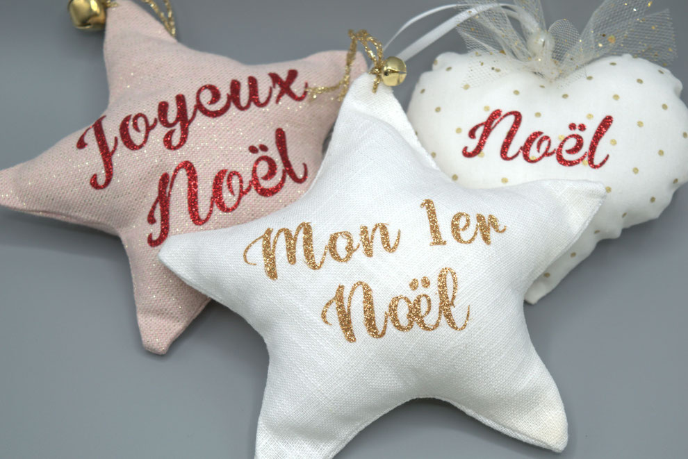 étoile de noël tissu lin prénom à personnaliser - marque place repas de fête - déco sapin de noël - idée cadeau premier noël