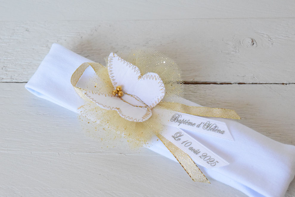 Bandeau baptême bébé fille papillon blanc doré à personnaliser