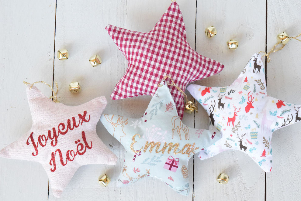 Etoile personnalisée noël prénom tissu Rose irisé / Etoile déco baptême - Idée cadeau premier noël