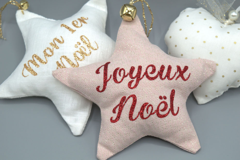 étoile de noël tissu lin prénom à personnaliser - marque place repas de fête - déco sapin de noël - idée cadeau premier noëll