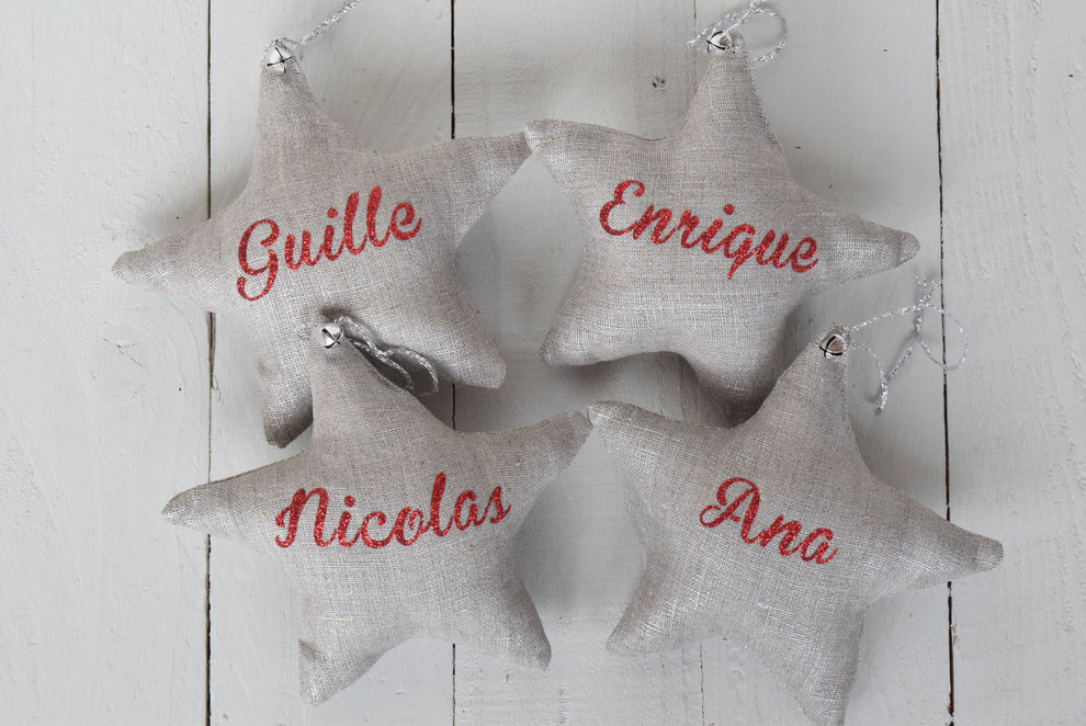 étoile de noël en tissu lin argenté prénom au choix déco sapin de noêl, marque place repas de fêtes