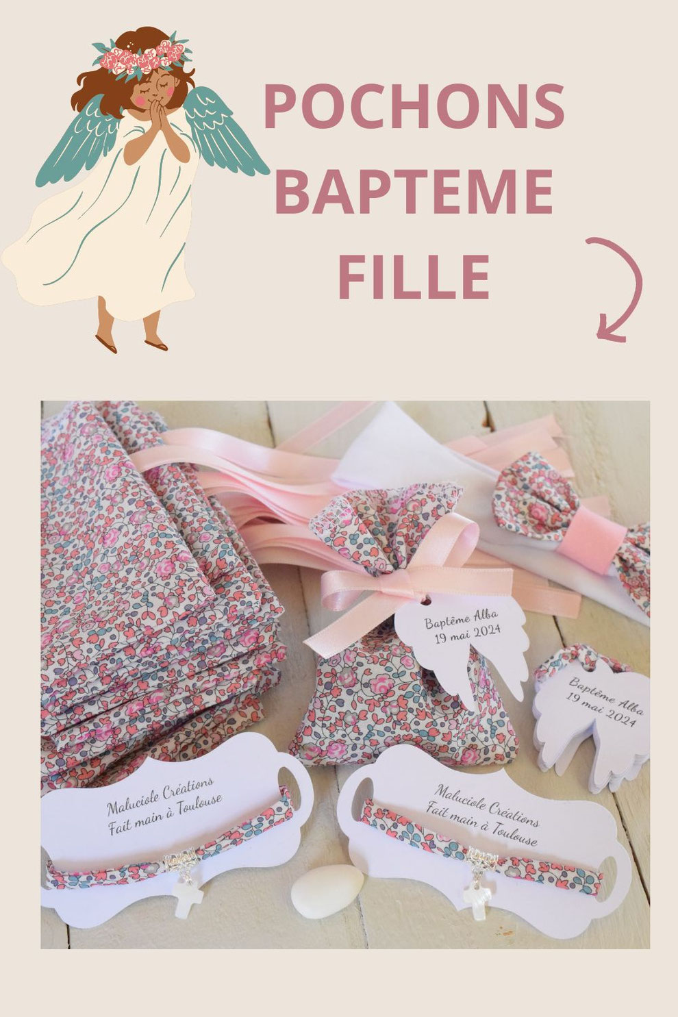 sachet dragées liberty Eloise rose et bracelet baptême