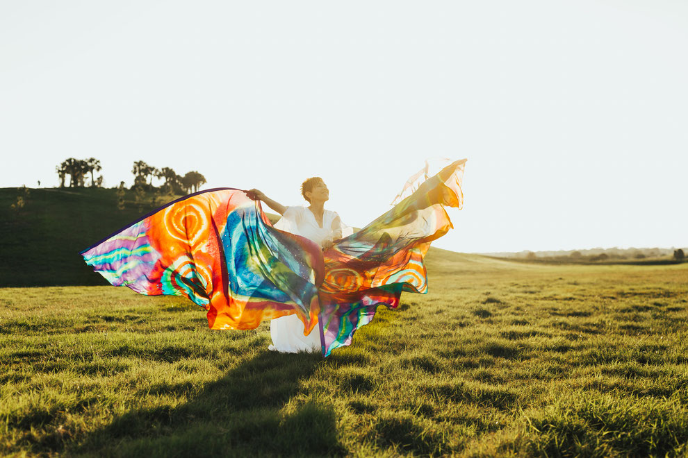 Colorful, fabulous wing-shaped flags hand dyed on silk