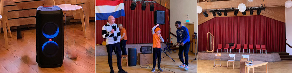 De nieuwe muziekbox (links) die enthousiast in gebruik genomen wordt (midden). De theatergordijnen in de Hieramzaal zijn aan vervanging toe (rechts).