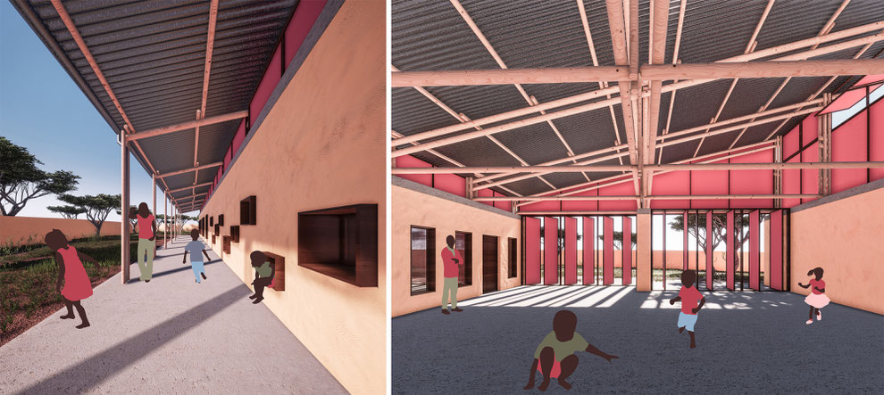 Perspective rendering. Architecture concept for a preschool in Mozambique. Sustainable and earth based built with clay and wood. Flexible, inclusive and community based spaces. 