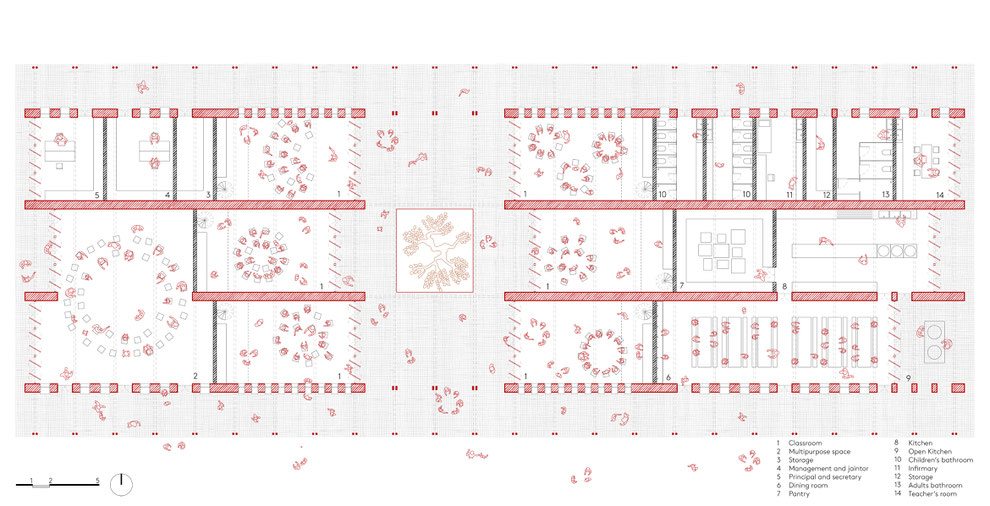 Floorplan drawing. Architecture concept for a preschool in Mozambique. Sustainable and earth based built with clay and wood. Flexible, inclusive and community based spaces. 