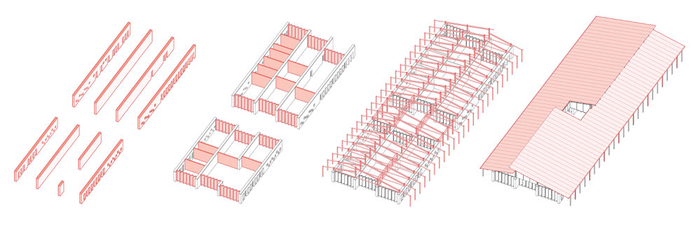 Structural axonometric drawing. Architecture concept for a preschool in Mozambique. Sustainable and earth based built with clay and wood. Flexible, inclusive and community based spaces. 