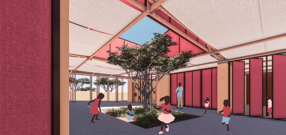 Perspective rendering. Architecture concept for a preschool in Mozambique. Sustainable and earth based built with clay and wood. Flexible, inclusive and community based spaces. 