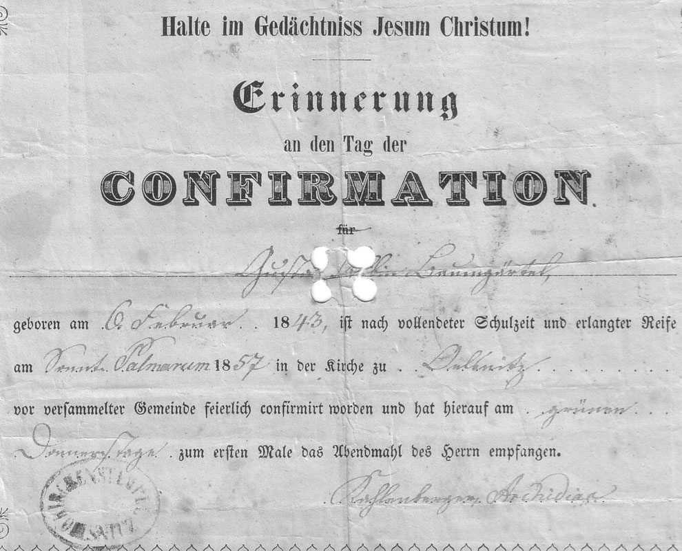 Konfirmation Albin Baumgärtel 1857 in Oelsnitz (Vogtland)