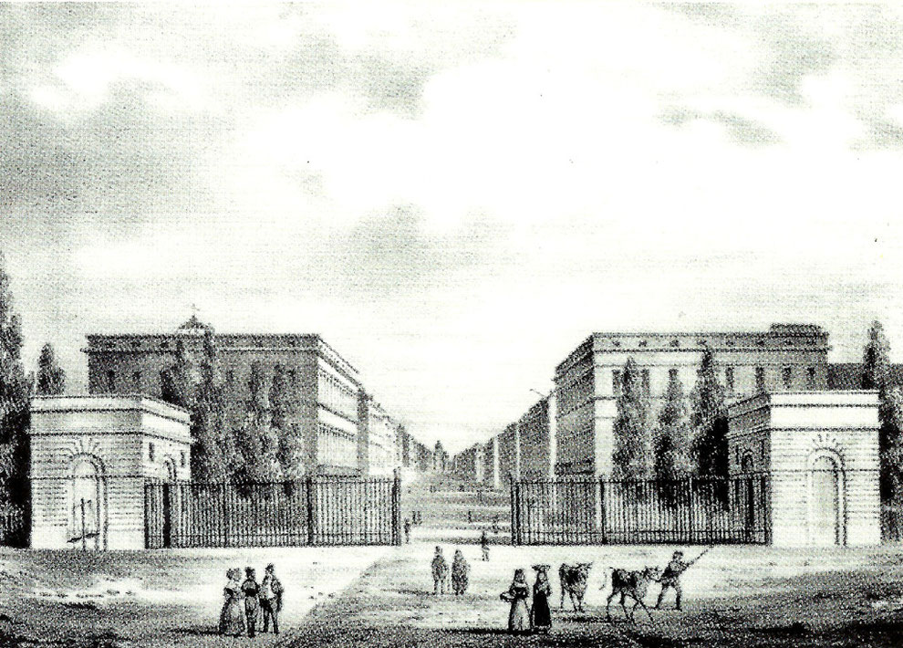 L'hôtel Meeûs, à la porte de Schaerbeek. Cet hotel fut détruit lors des journées de septembre 1830 par la populace, à laquelle on avait réussi à faire croire que Ferdinand de Meeûs était orangiste.