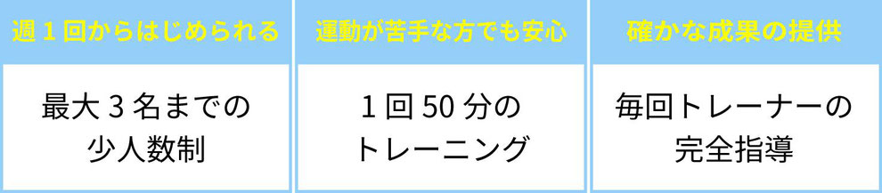 最大3名までの少人数制　1回50分のトレーニング　毎回トレーナーの完全指導