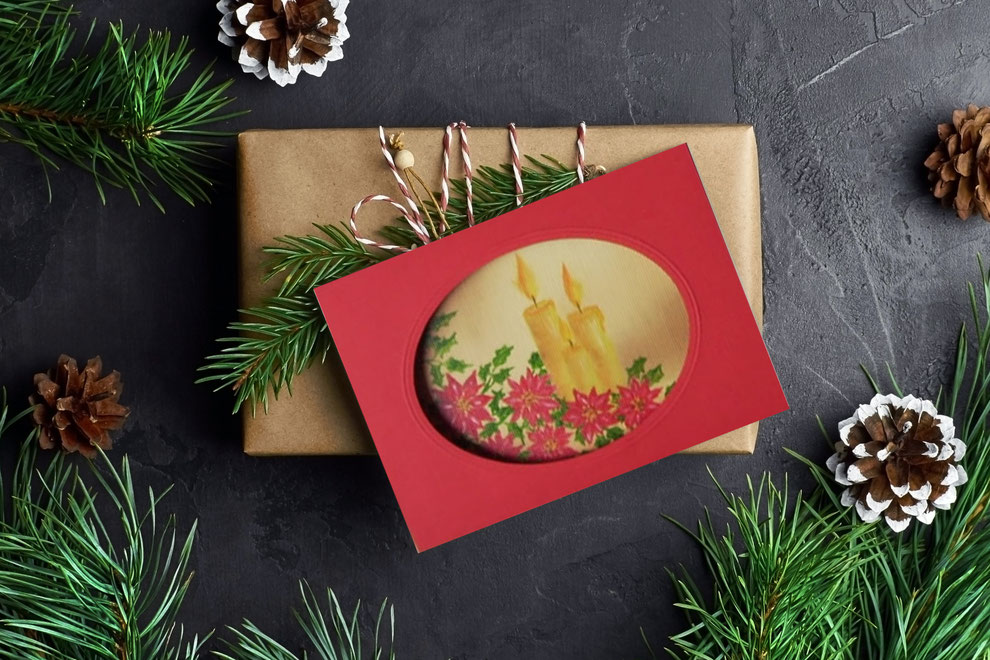 Weihnachtskarte gemalt Ölbild "Kerzen und Weihnachtssterne" für herzliche Weihnachtsgrüße