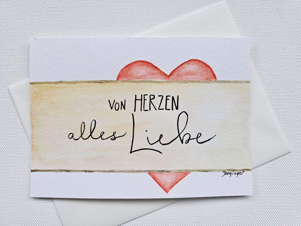 Muttertagskarte Aquarell Herz mit "Von Herzen alles Liebe" Handlettering