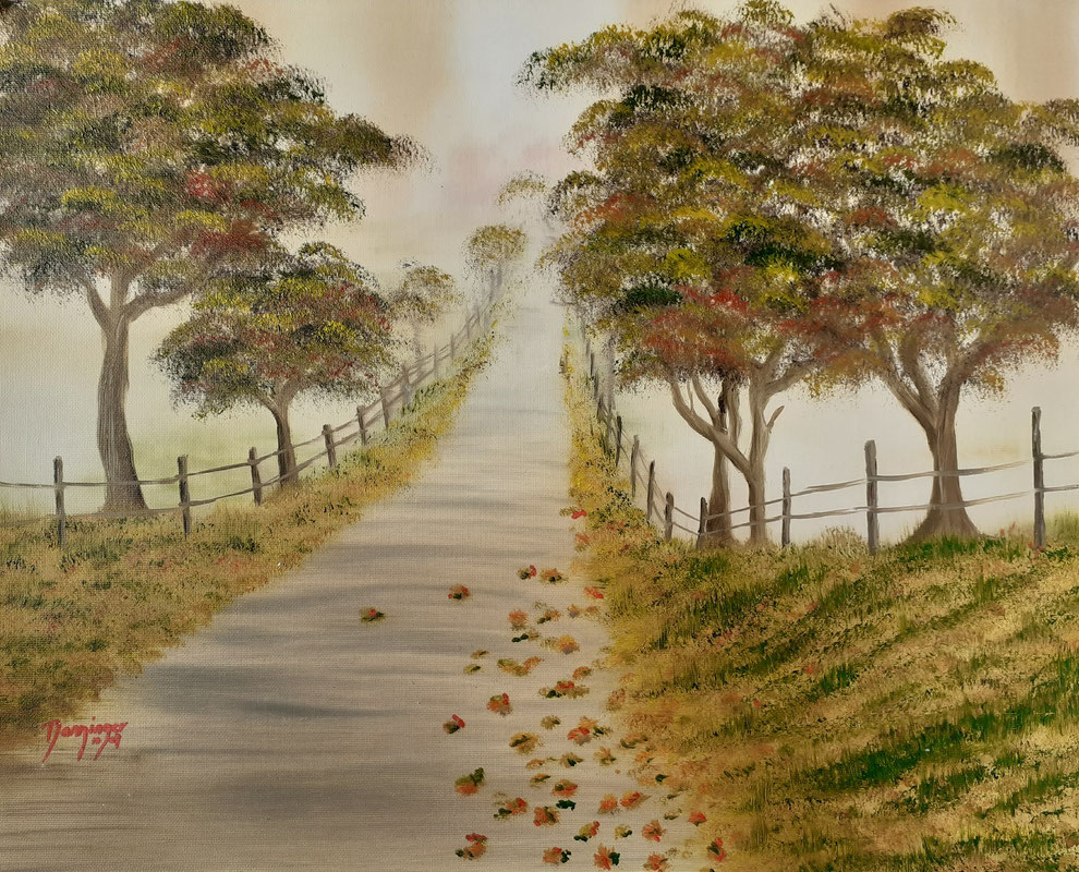 Landschaftsbild gemalt: Titel Herbst Allee im Nebel