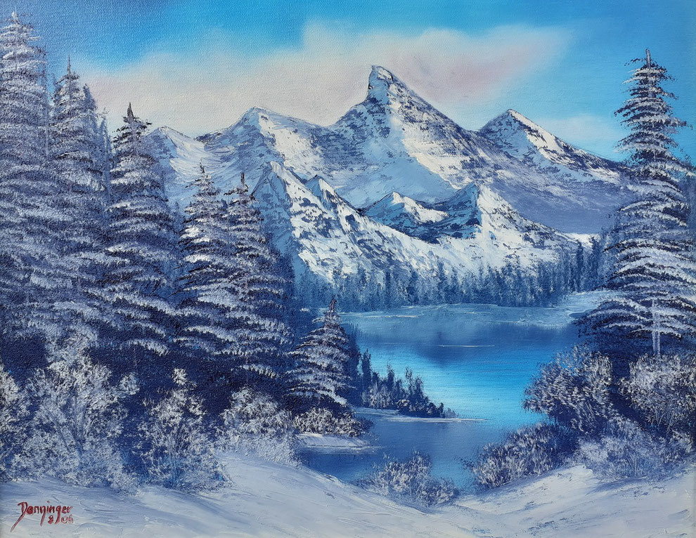 Landschaftsbild gemalt: Titel Winter Schnee in den Bergen