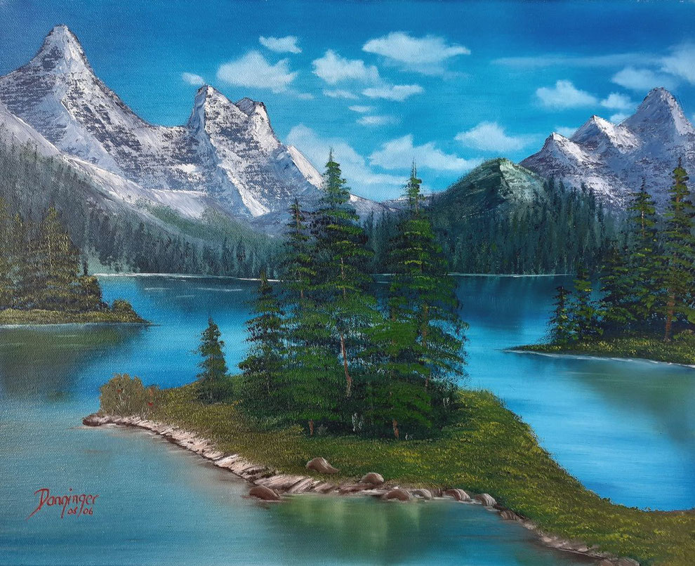 Landschaftsbild gemalt: Jasper Nationalpark Kanada, Maligne See