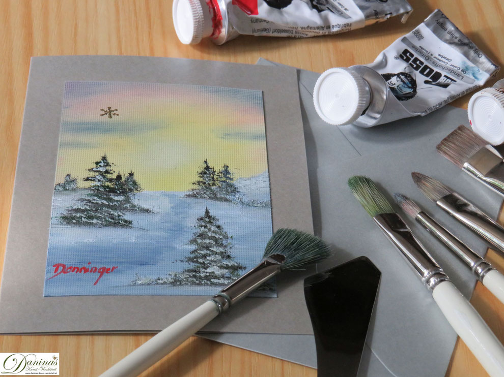 Weihnachtskarten basteln. Selbst gemalte Bilder für ganz besondere Weihnachtsgrüße. Mehr Ideen auf www.daninas-kunst-werkstatt.at