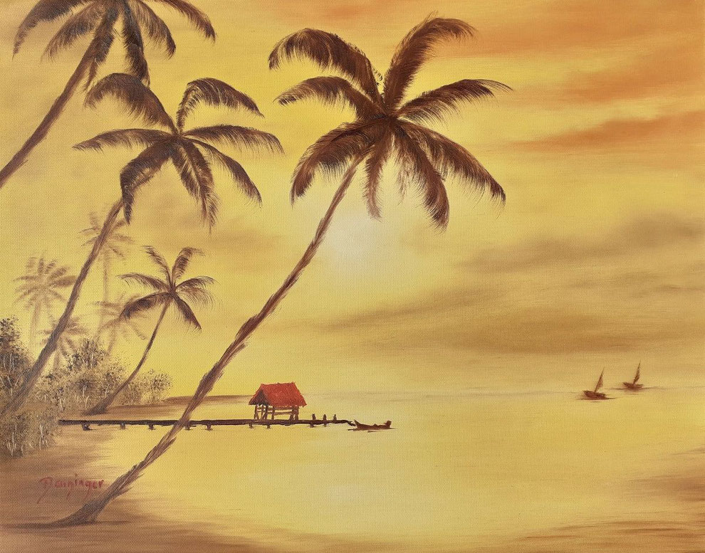 Landschaftsbild gemalt: Titel Hawaii Palmen am Strand