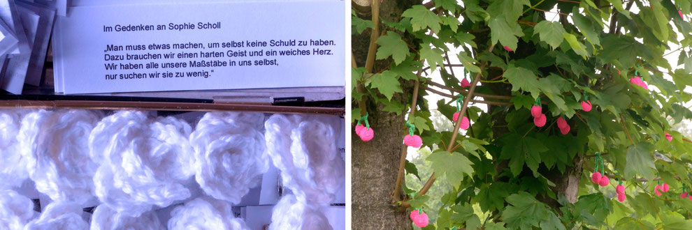 Weisse Haekelrosen als Guerilla Knitting Aktion am Todestag von Sophie Scholl // Haekelkirschen für den Textilen Kunstwanderweg 