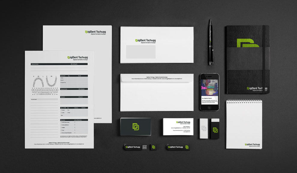 Corporate Design von klassischen Werbemitteln wie Visitenkarte, Kuvert und Notizblock der Firma DigiDent Tschugg