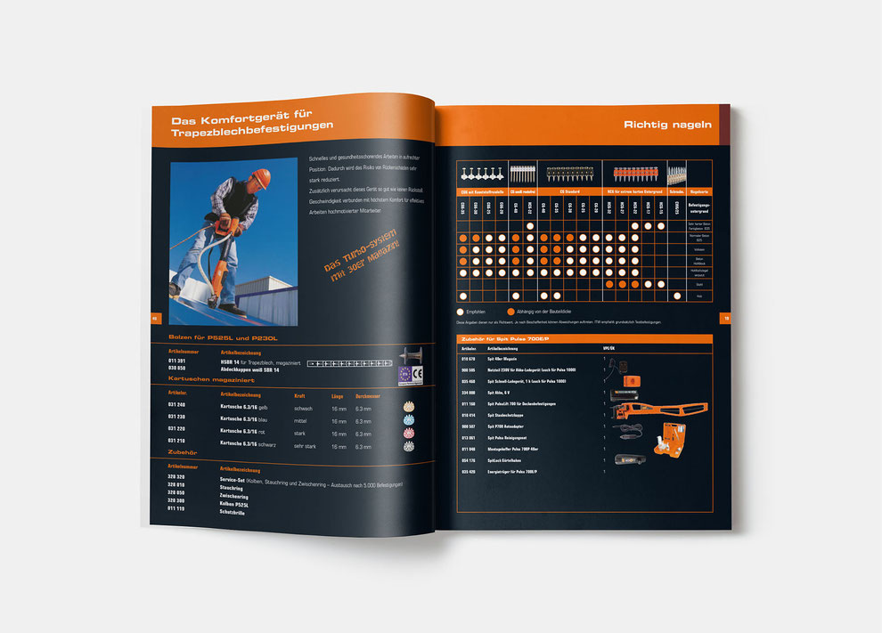 Geöffneter Katalog des Unternehmens Spit in der Farbkombination Schwarz-Orange