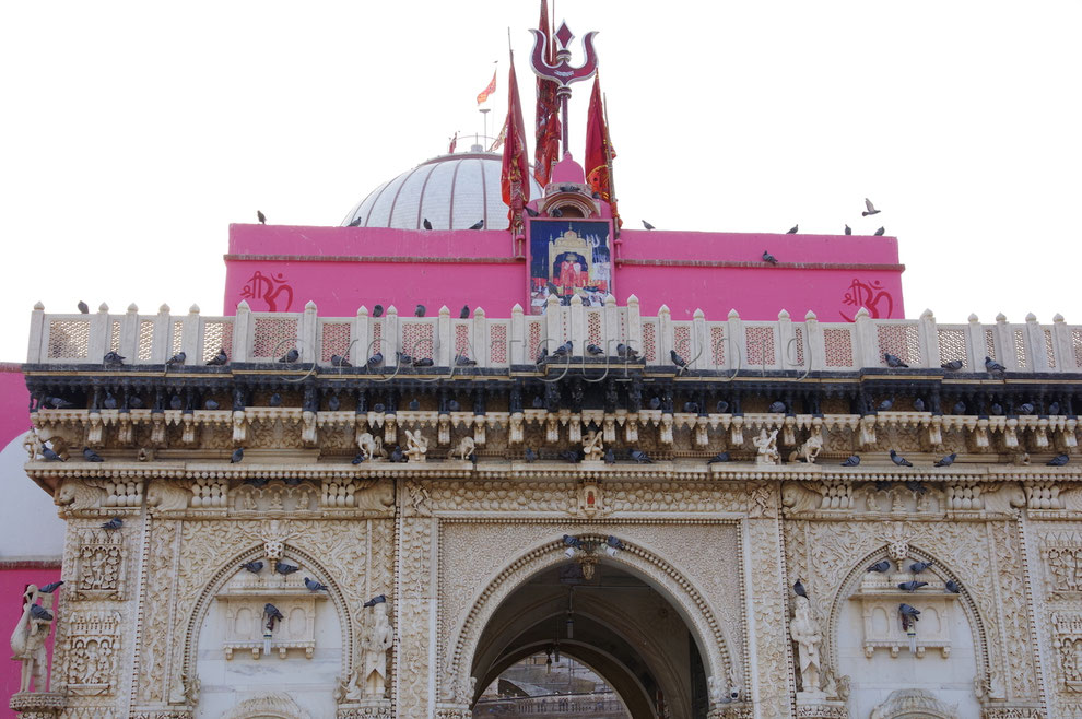 Vue de face de l'entrée principale du temple de Karni Mata à Deshnoke