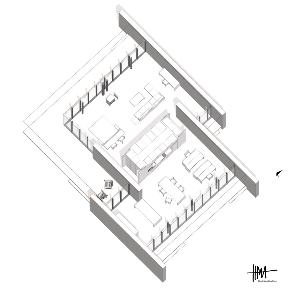 South east isometric of a contemporary open plan live and work property by Heidi Mergl Architect