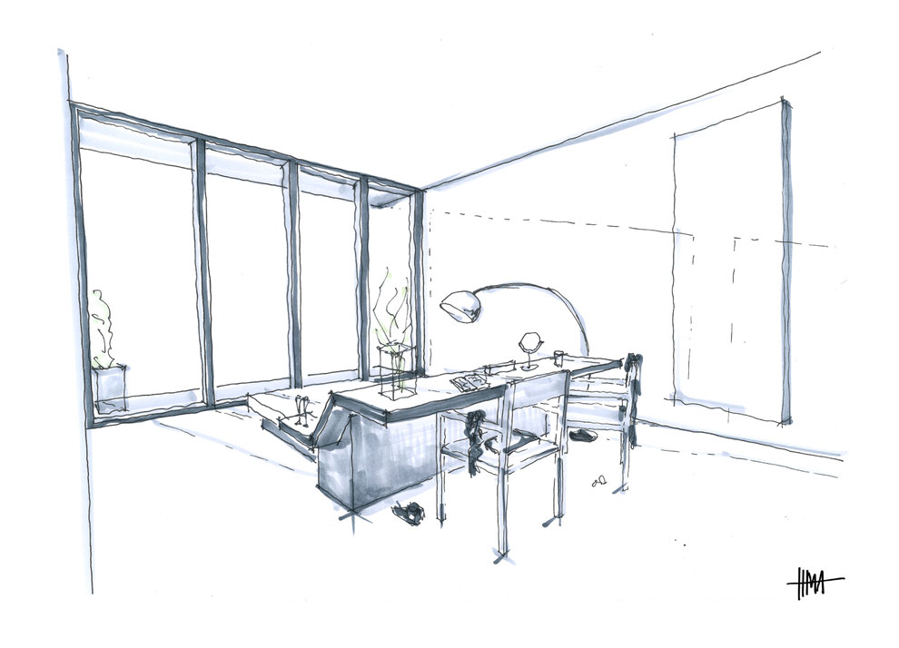 Bedroom design with a view out - perspective interior sketch by Heidi Mergl Architect