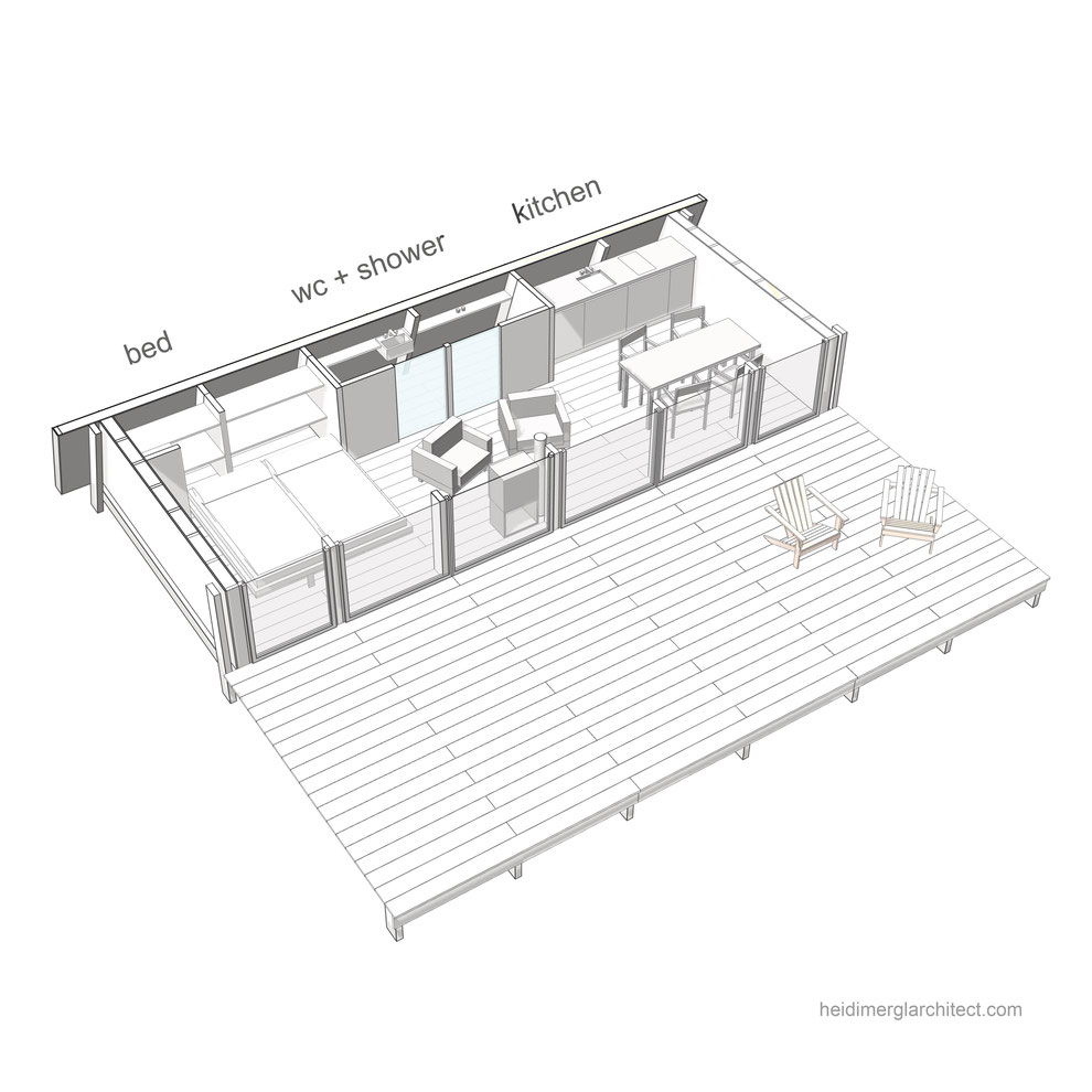 3D plan diagram of a small footprint home and its internal layout by Heidi Mergl Architect