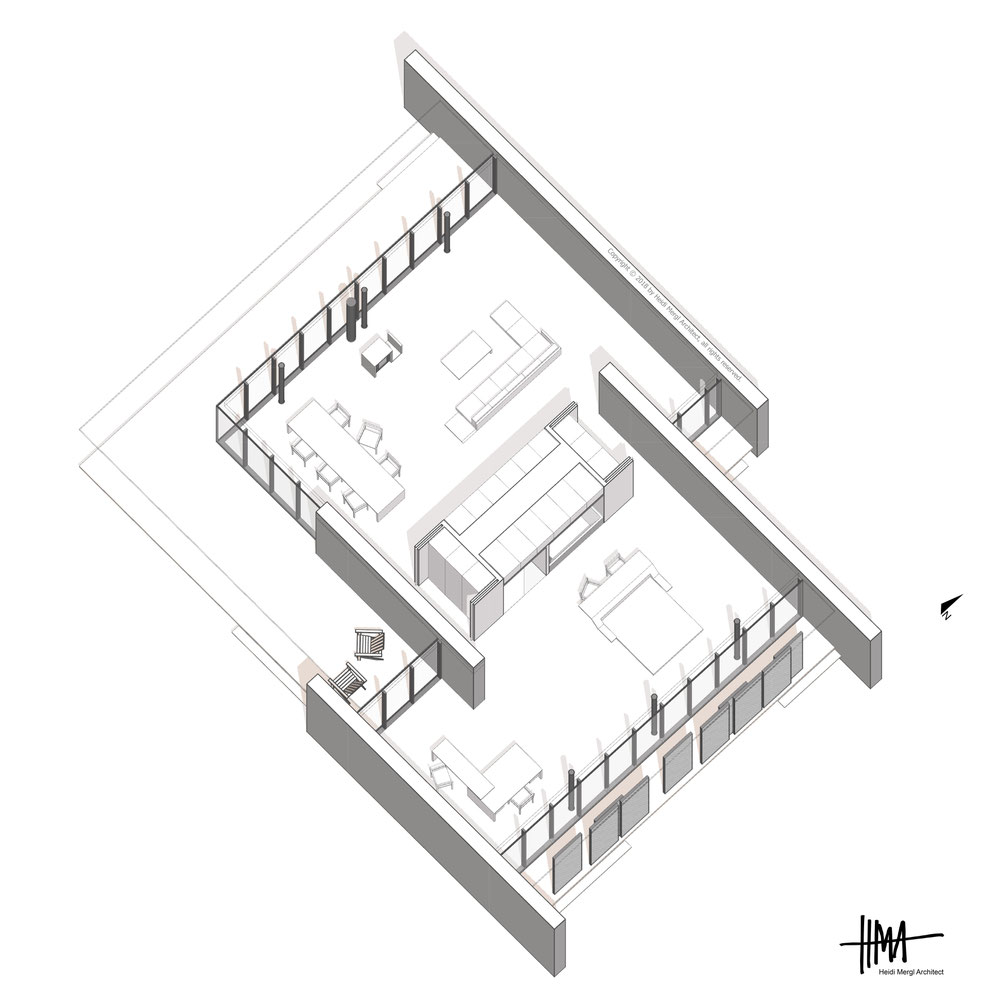 South east isometric of a contemporary open plan home by Heidi Mergl Architect the room divider concept