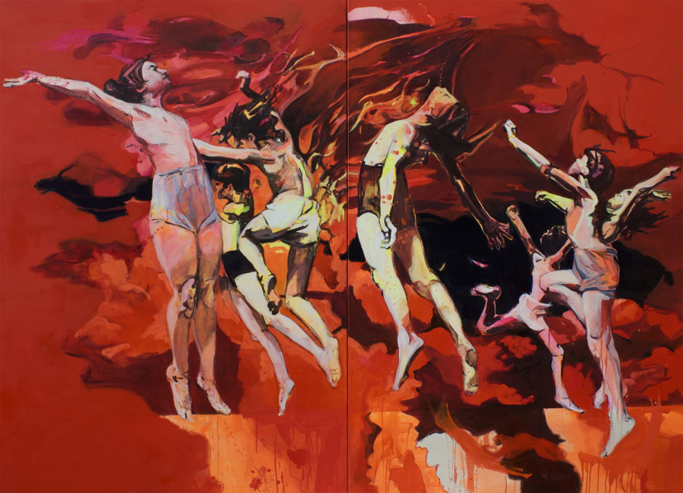 Vulkankinder, Acrylmalerei auf unbehandelter Leinwand, Bildgröße 270 x 200 x 4,5 cm