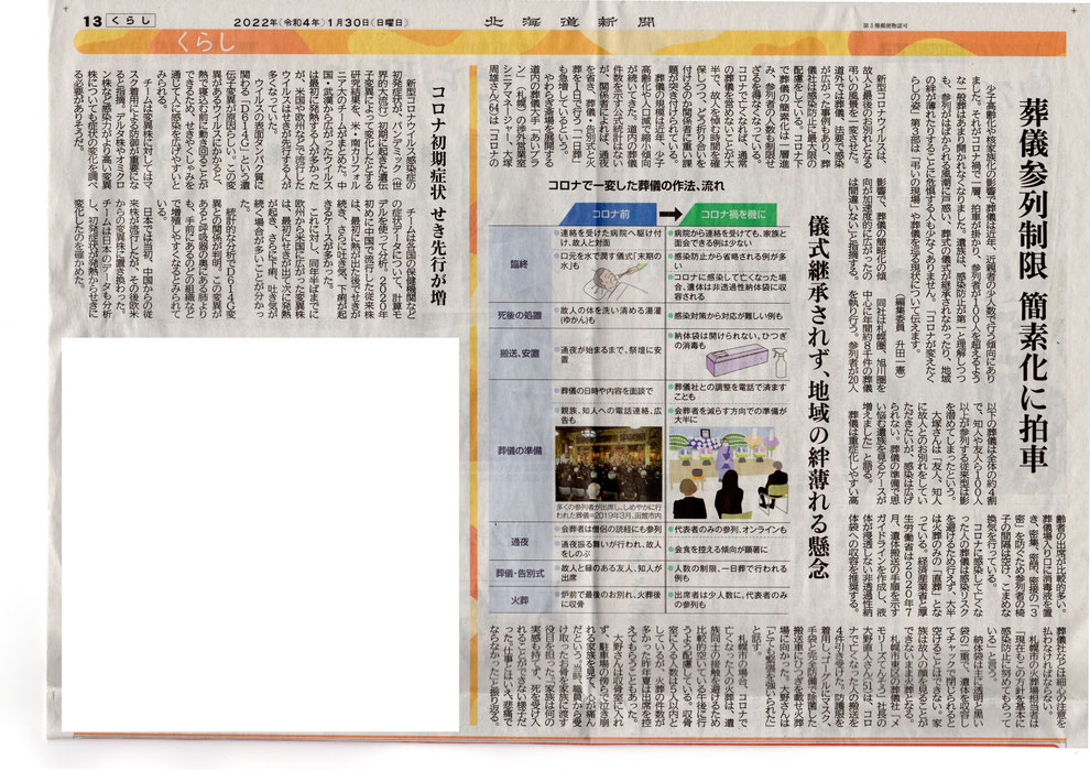 札幌市での家族葬・自宅葬ならメモリーズてんそうでは、2022年1月30日の北海道新聞の朝刊に一部掲載されました。