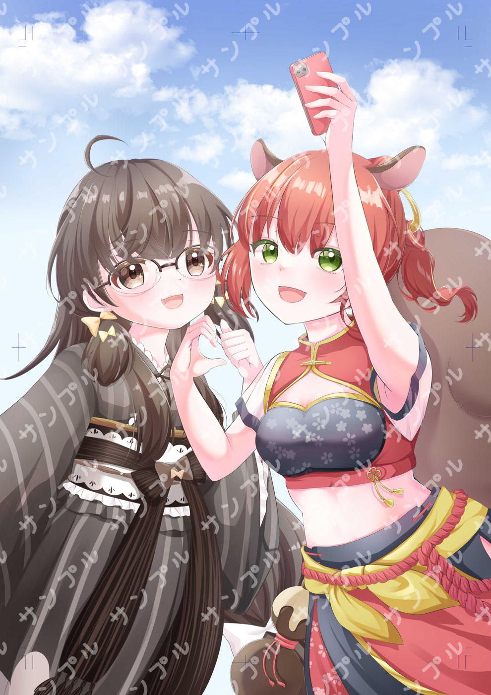 vtuberの羽杯しおりとつかまるの仲良し一枚絵