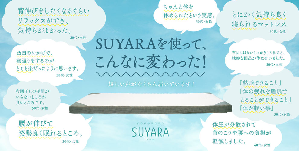 スヤラお客様の声　スヤラを使ってこんなに変わった。嬉しい声がたくさん届いています。　背伸びをしたくなるくらいリラックスでき、気持ちよかった20代女性　凹凸のおかげで寝返りをするのがとても楽だったように思います30代女性　腰が伸びて姿勢よく眠れるところ30代女性　ちゃんと体を休められたという実感30代女性　とにかく気持ちよく寝られるマットレス50代女性　熟睡できること、身体の疲れを睡眠でとることができること、身体が軽いこと30代女性など