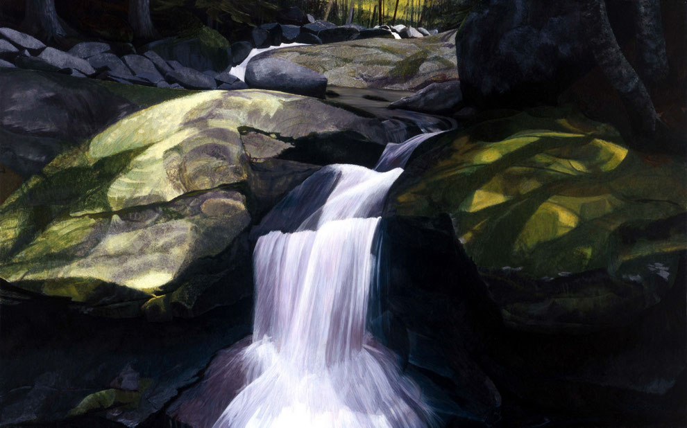 francois beaudry egg tempera painting landscape cascade rocks moss via appalachia series 3
