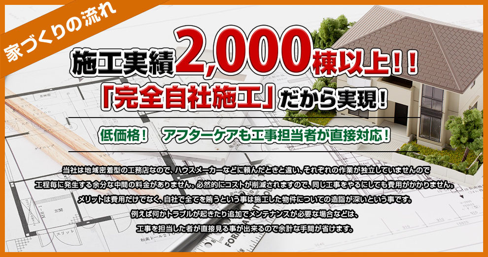 施工実績2,000棟以上！！「完全自社施工」だから実現！低価格！アフターケアも工事担当者が直接対応！