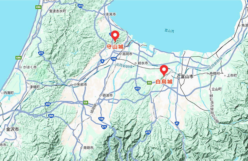 桃井直常が築城した「越中守山城」(富山県高岡市東海老坂)と「白鳥城」(富山県富山市呉羽町25)