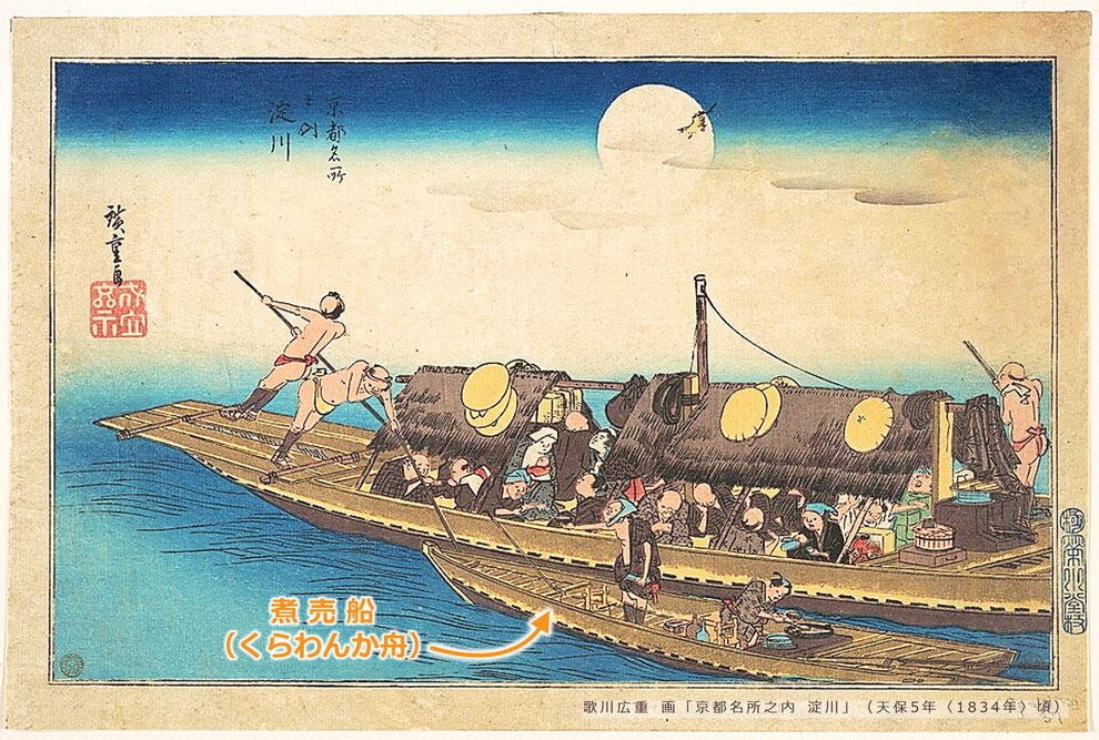 「煮売船(くらわんか舟)」 出典:歌川広重 画「京都名所之内 淀川」(天保5年〈1834年〉頃) ※https://ja.wikipedia.org/wiki/くらわんか舟
