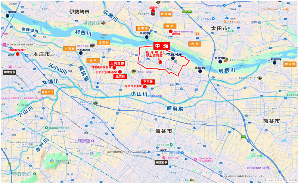 「桃井可堂先生の生家(北阿賀野)・桃井塾(中瀬)と中瀬河岸 周辺地図」