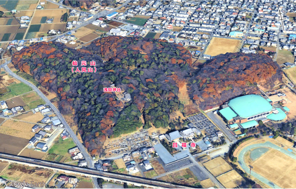 「人見山 昌福寺」(埼玉県深谷市人見1391−1) ※Google Earth に加筆