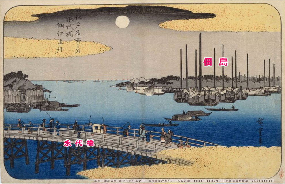 出典:歌川広重 画『江戸名所之内 永代橋佃沖漁舟』(天保前期・1830~1836年、江戸東京博物館蔵、91210103) ※https://museumcollection.tokyo/works/6244531/ に加筆