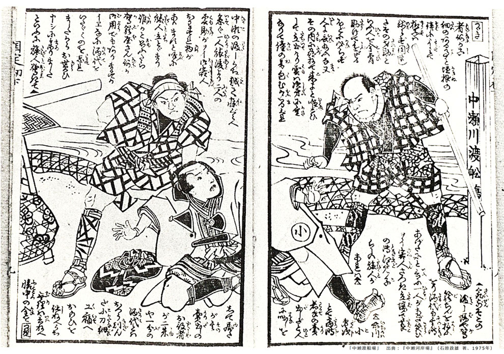 「市川小団次と中瀬渡船場」 出典:『中瀬河岸場』(石原政雄 著、1975年) ※中瀬渡船場で市川小団次が、かご屋から酒代をせびられている様子が描かれています。