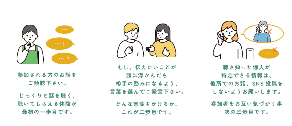 ３つの約束。１ご傾聴２相手の励みになる言葉を選ぶこと３会で知ったことを外部へ話さない