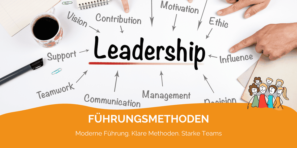 Grafik: zu den Führungskräfte-Trainings, Führungsmethoden, Agile Führung, Mindful Leadership, Gesunde Führung, Agiles Führungstraining Slogan: Moderne Führung, Klare Methoden, Starke Teams, Claudia Karrasch, Bonn, Bundesweit.