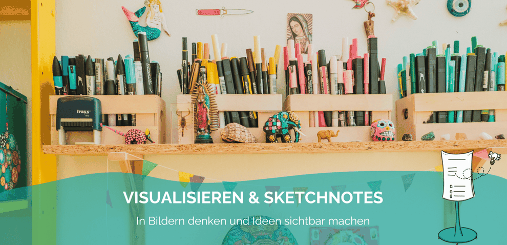 Grafik zu: Visualisierungstraining: Workshops für Flipchart-Gestaltung, Flipchart Design, Flipchart-Training, Flipchart zeichnen, Sketchnotes, digitales Visualisieren, kreative Flipcharts, Visualisieren in Meetings, Claudia Karrasch, Bonn
