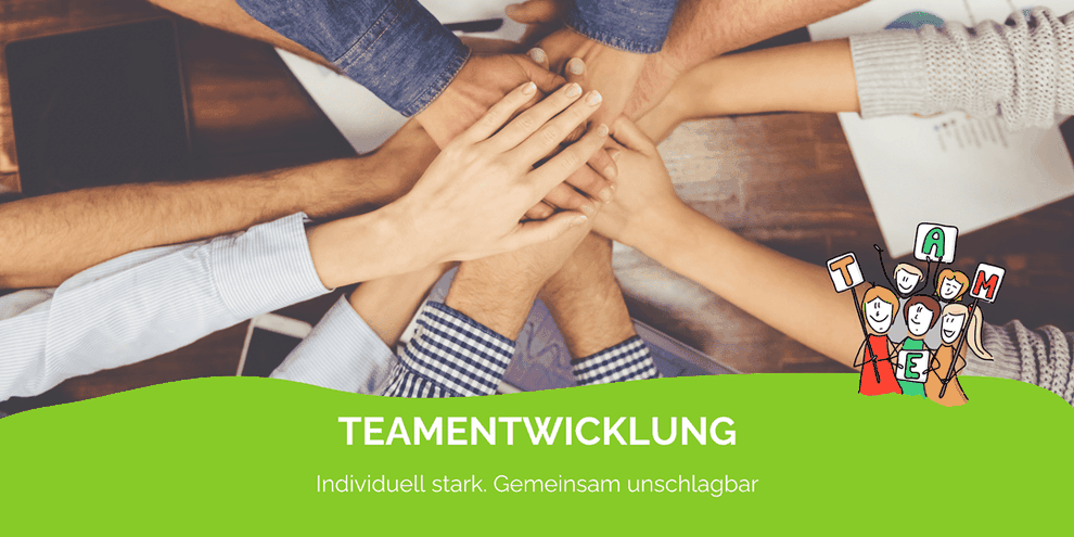 Grafik zu den Trainings und Workshops: Teamentwicklung, Teamtraining, Change Management Training, Konflikttraining für Teams, Design Thinking Workshop, Agile Teams Slogan: Individuell stark, Gemeinsam unschlagbar, Claudia Karrasch, Bonn, Bundesweit