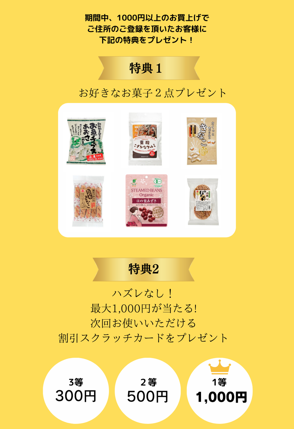 期間中、1000円以上のお買上げで ご住所のご登録を頂いたお客様に 下記の特典をプレゼント！